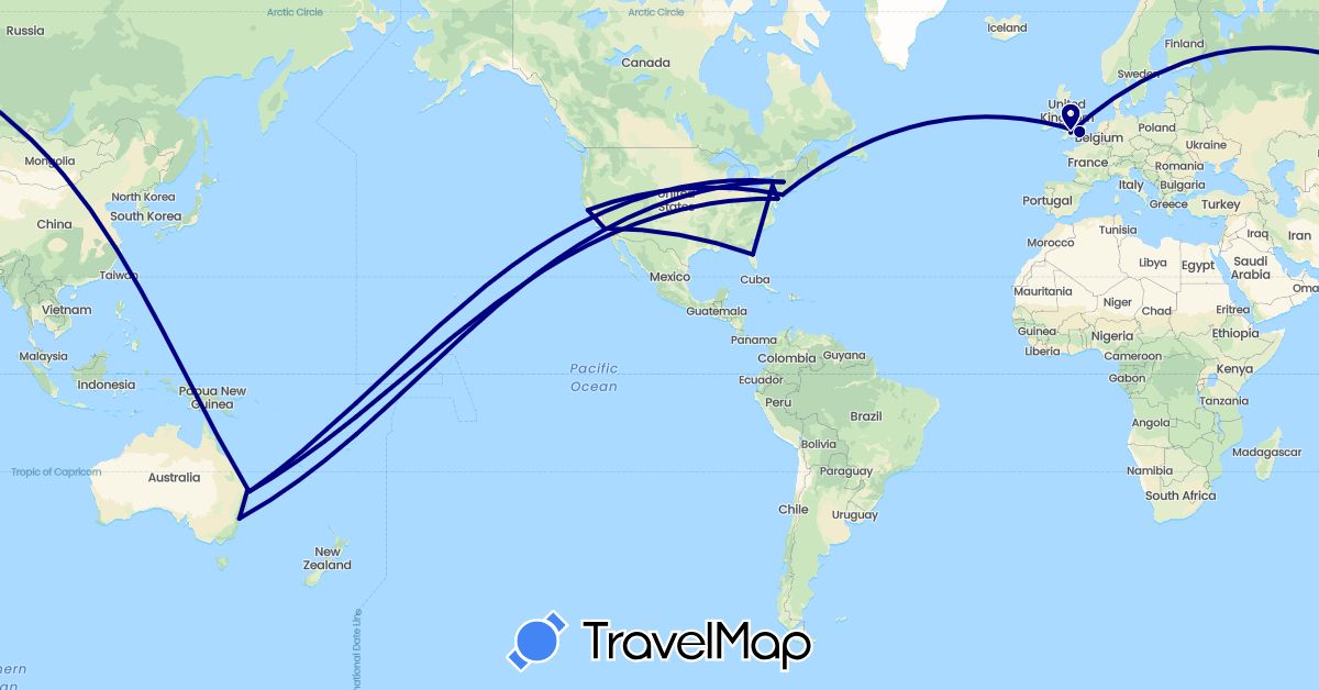TravelMap itinerary: driving in Australia, United Kingdom, United States (Europe, North America, Oceania)